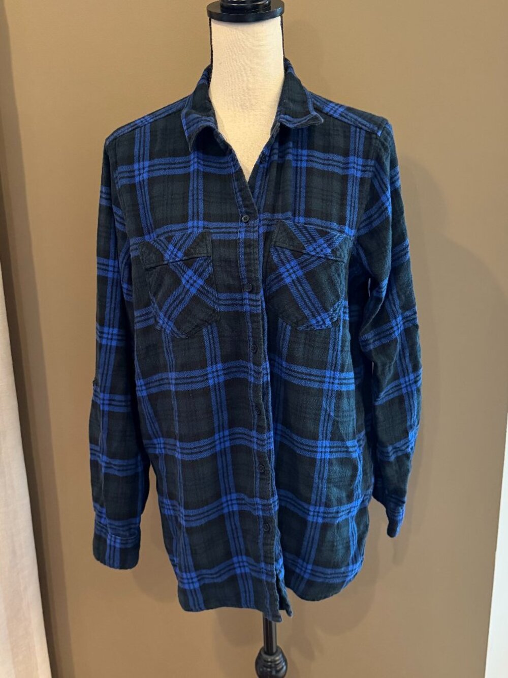 Express Blue Black Button Up Soft Plaid Fall Long Sleeve, Size Large